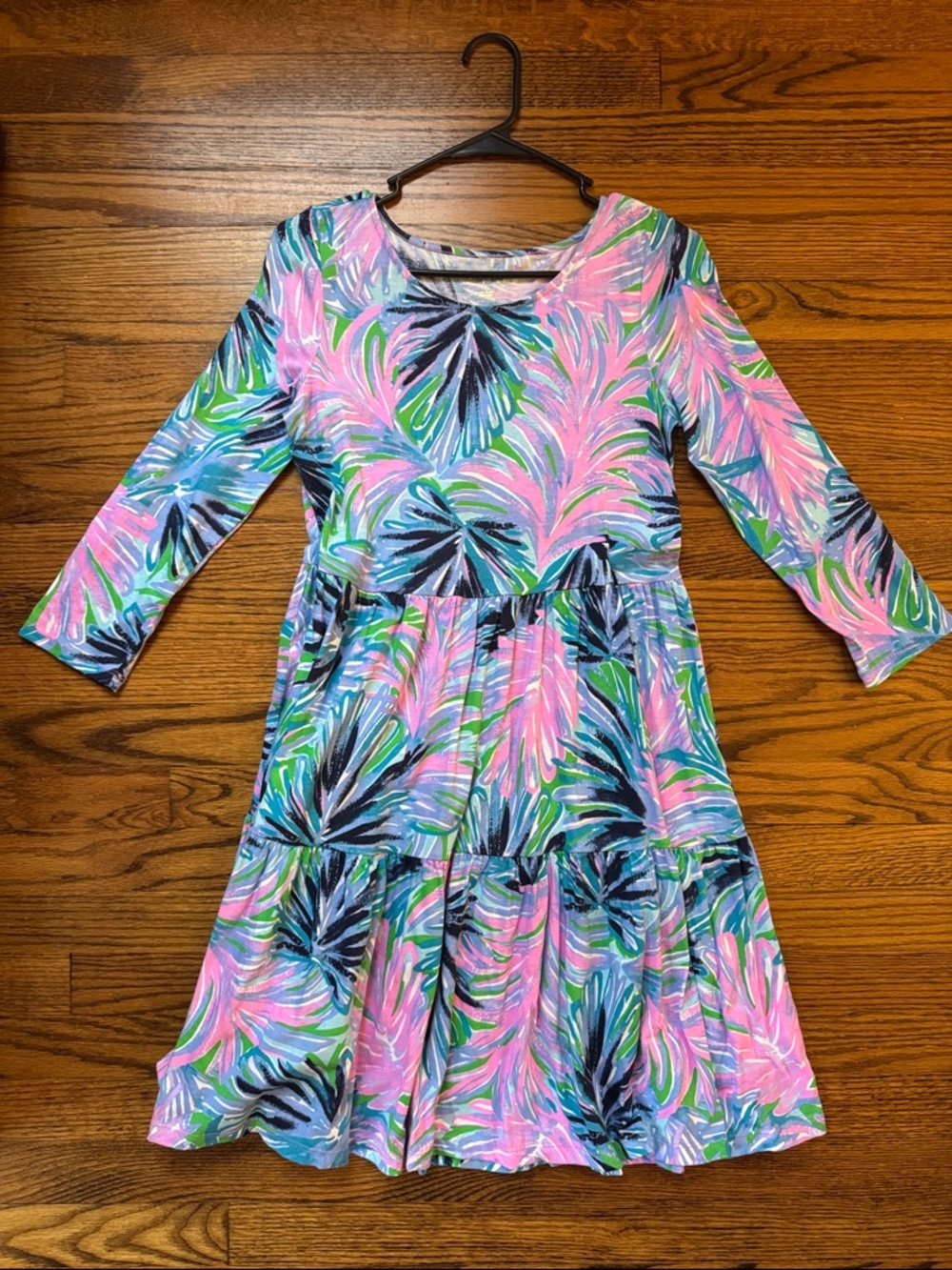 Lilly Pulitzer Pink Tropical Print Tiered Dress with Green & Blue Accents